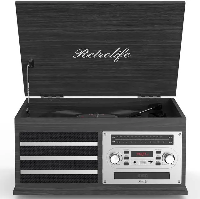 Main image of ® Vinyl Record Player 10-in-1 Music Center Turntable Built-in Speakers 3 Speed BT Wireless Input/Output AM/FM Radio CD Tape Cassette Player Aux RCA Auto Stop Vinyl Recording to USB Black