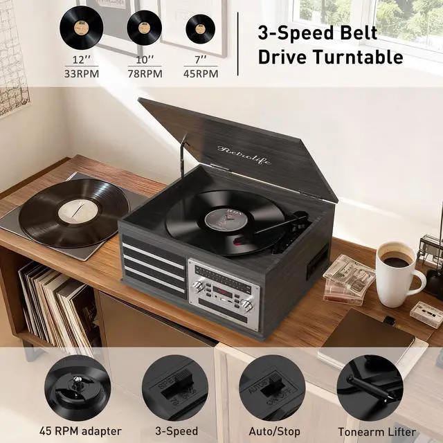 Alt view image 2 of 4 - ® Vinyl Record Player 10-in-1 Music Center Turntable Built-in Speakers 3 Speed BT Wireless Input/Output AM/FM Radio CD Tape Cassette Player Aux RCA Auto Stop Vinyl Recording to USB Black