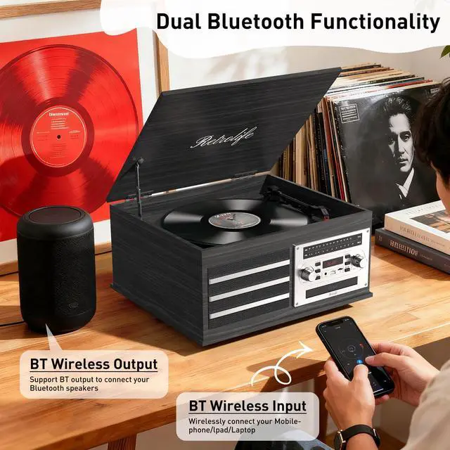 Alt view image 3 of 4 - ® Vinyl Record Player 10-in-1 Music Center Turntable Built-in Speakers 3 Speed BT Wireless Input/Output AM/FM Radio CD Tape Cassette Player Aux RCA Auto Stop Vinyl Recording to USB Black