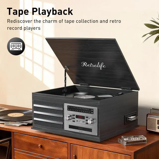 Alt view image 4 of 4 - ® Vinyl Record Player 10-in-1 Music Center Turntable Built-in Speakers 3 Speed BT Wireless Input/Output AM/FM Radio CD Tape Cassette Player Aux RCA Auto Stop Vinyl Recording to USB Black