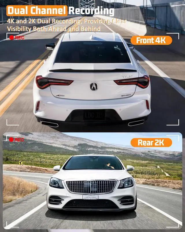 Alt view image 2 of 4 - 4K Dual Dash Cam Front and Rear, 4K+2K Dashcam with 5GHz WiFi & APP Control, Dash Camera for Cars with 64GB Card, 24H Parking Monitor, Night Vision, Loop Recording, G-Sensor, WDR, 3.2" IPS Screen