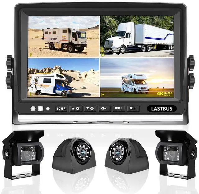 Main image of 9'' RV Camera System for RV Semi-Truck Trailer Camper, 4 Split Screen Quad View HD DVR Recording Monitor + IP69K Waterproof Night Vision Rear & Side View Backup Camera to Eliminate Blind Spots