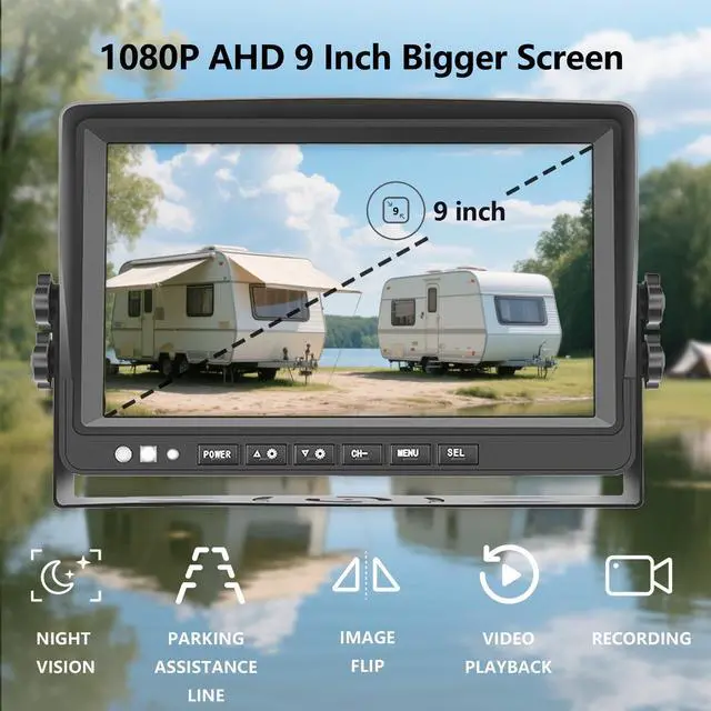 Alt view image 3 of 4 - 9'' RV Camera System for RV Semi-Truck Trailer Camper, 4 Split Screen Quad View HD DVR Recording Monitor + IP69K Waterproof Night Vision Rear & Side View Backup Camera to Eliminate Blind Spots
