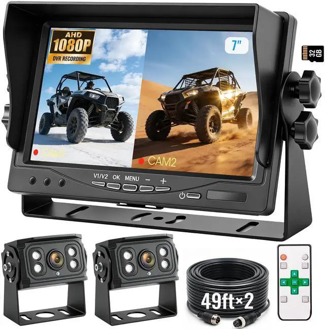 Main image of 7" 2-Wired Backup Camera System, DVR Dual Screen Rear View Camera, IP69 Waterproof IR Night Vision, 20G Vibration-Proof for Trailer/RV/Tractor/Truck/Combine/Skid Steer/Heavy Equipment/UTV, Y1