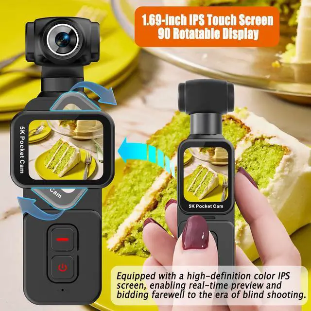 Alt view image 3 of 4 - Pocket Camera 5K with Face Detection Automatic Rotating Lens, Vlogging Camera Body Cam with Rotatable Touch Screen, External Mic, Remote Control, 64GB Card