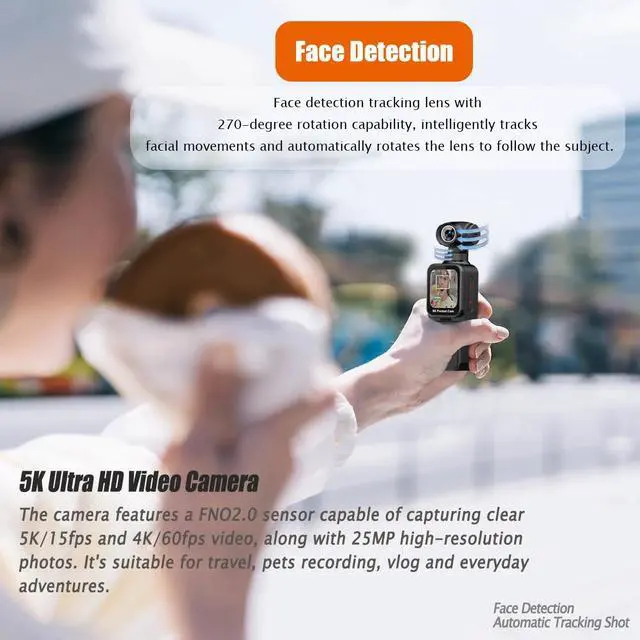 Alt view image 4 of 4 - Pocket Camera 5K with Face Detection Automatic Rotating Lens, Vlogging Camera Body Cam with Rotatable Touch Screen, External Mic, Remote Control, 64GB Card