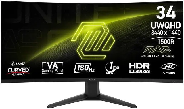 Main image of MAG 346CQ 34-inch 3440 x 1440 (UWQHD) Gaming Monitor, 180Hz, AMD FreeSync Premium, HDMI, DisplayPort, VESA, Tilt, Height Adjustable, Speaker, 1ms, Black