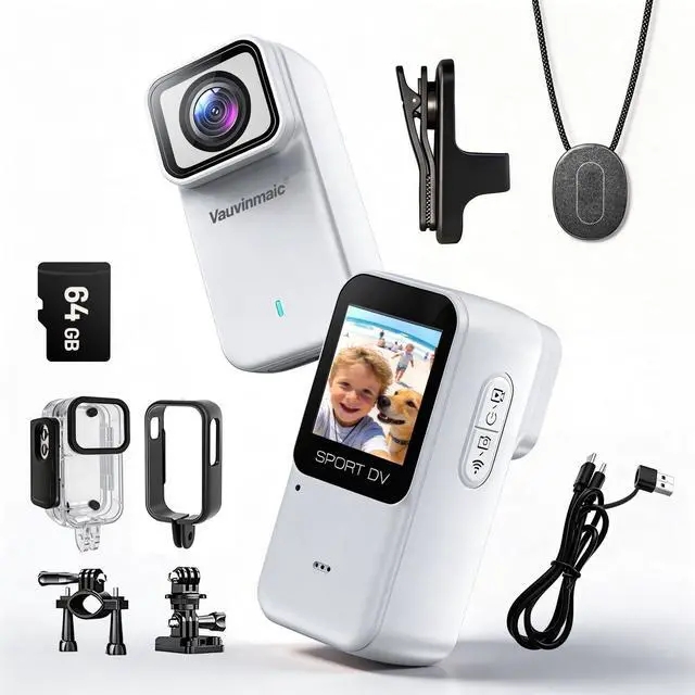 Main image of 4K Body Camera with WiFi, POV Action Cam for Motorcycling Skiing Cycling Vlogging Sports, Magnetic Wearable Thumb Camera for Hands-Free Recording, Waterproof Portable Video Recorder, 64GB Card, White