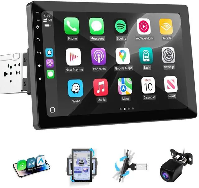 Main image of 10.1 inch Single Din Car Stereo, Rotatable Touch Screen Radio with Wireless Apple CarPlay & Android Auto, Backup Camera, Mirror Link, SWC, GPS, Voice Control, Bluetooth, WiFi