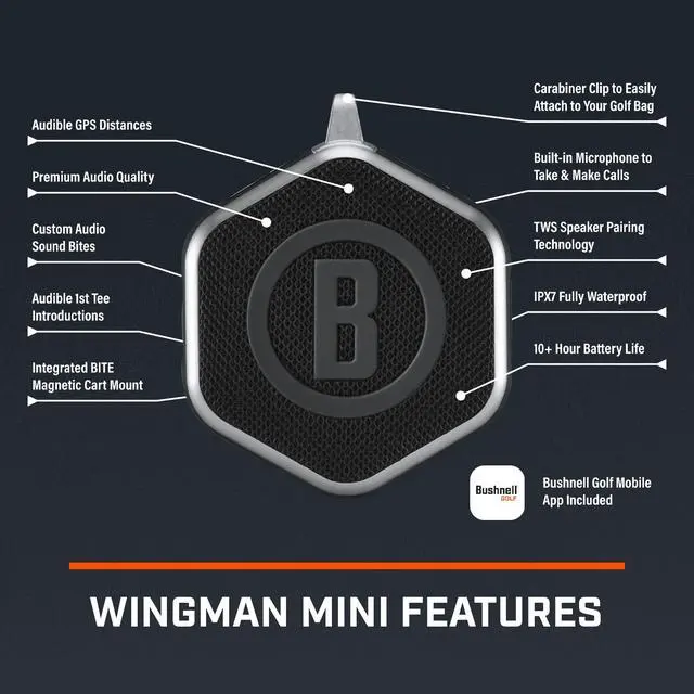 Alt view image 4 of 4 - Golf Wingman Mini GPS Speaker Ultra Portable Bluetooth Golf Speaker with Audible Distances, Magnetic Cart Mount, Waterproof, 10Hr Battery & Carabiner, Black