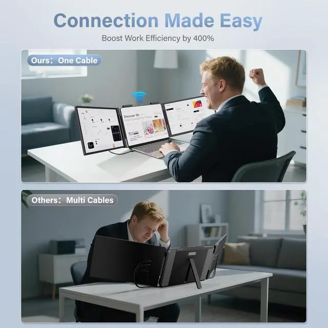 Alt view image 2 of 4 - One Cable No Driver Laptop Screen Extender, 14" FHD IPS Ultra-Slim Triple Portable Monitor, 1-Min Setup Single USB-C HDMI Wi-Fi Plug & Play Travel Monitor for 13"-16.5" Windows & MacBook