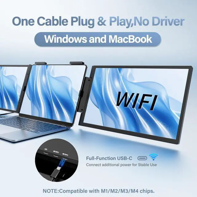 Alt view image 4 of 4 - One Cable No Driver Laptop Screen Extender, 14" FHD IPS Ultra-Slim Triple Portable Monitor, 1-Min Setup Single USB-C HDMI Wi-Fi Plug & Play Travel Monitor for 13"-16.5" Windows & MacBook