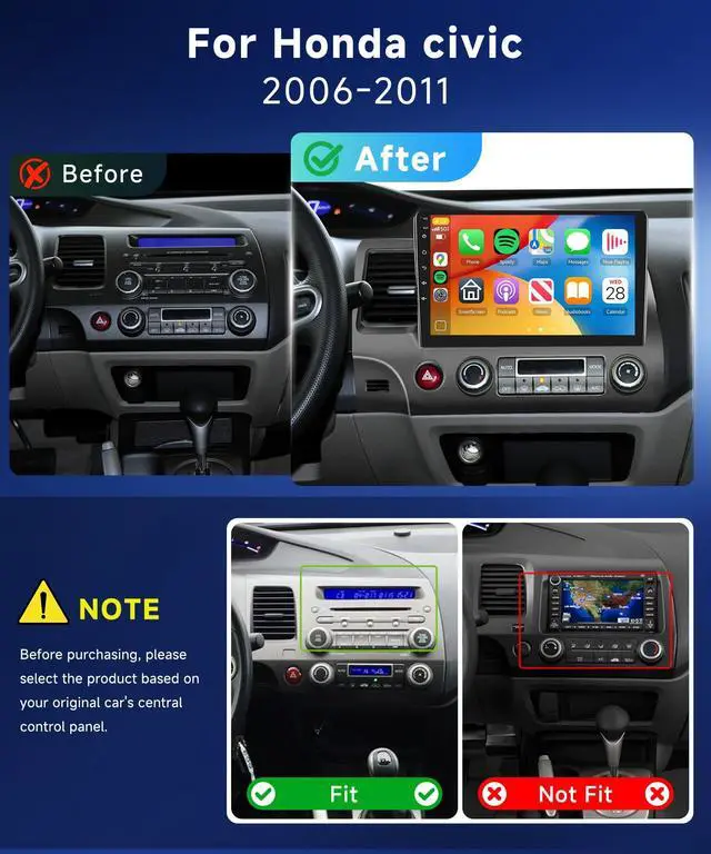 Alt view image 2 of 4 - 5G WiFi 8Core 4G 64G Car Radio for Honda Civic 2006-2011 Stereo Upgrade 10.1inch 1280x720P QLED Touch Screen 5.1Bluetooth DSP FM/RDS Wireless CarPlay Android Auto GPS SWC Backup Camera