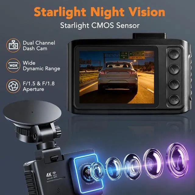 Alt view image 3 of 4 - 4K Dash Cam Front and Rear, STARVIS 2 Night Vision, Free 64GB Card, 5GHz WiFi with App, Built-in GPS, Dash Camera for Cars 170° Wide Angle, 3" IPS Screen, Loop Recording, 24H Parking Monitor