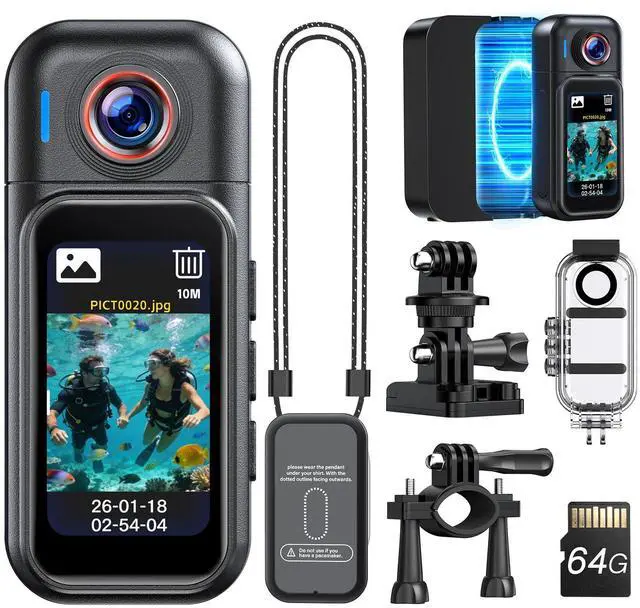 Main image of Mini Body Camera Waterproof, 64GB Wearable Camera with Smart Touch Screen, 7 Hours Recording with Charging Dock, Magnetic Clips, up to 33FT Waterproof Case for Vlogging, Daily Use W3
