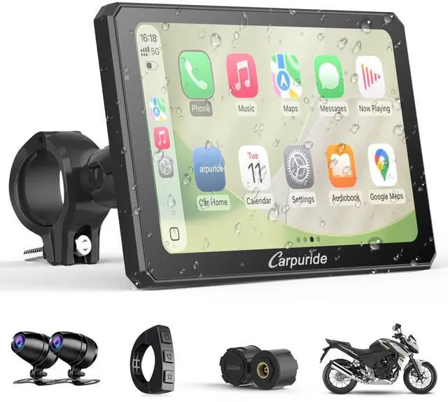 Main image of W712DT for Motorcycle CarPlay & Android Auto & TPMS - HD1080p Dash Cam, 7-inch Waterproof Rotatable Touchscreen for Navigation, Bluetooth, Loop Recording, Wired Controller