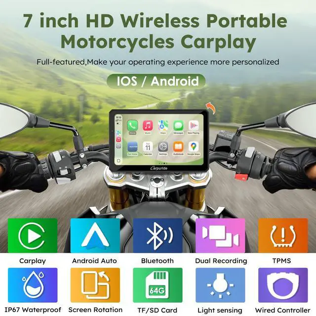 Alt view image 2 of 4 - W712DT for Motorcycle CarPlay & Android Auto & TPMS - HD1080p Dash Cam, 7-inch Waterproof Rotatable Touchscreen for Navigation, Bluetooth, Loop Recording, Wired Controller