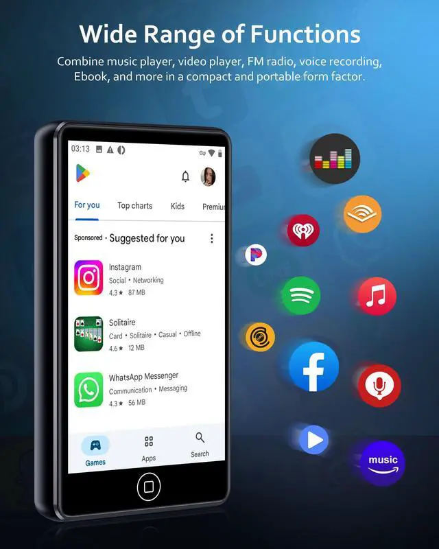 Alt view image 2 of 4 - 144GB MP3 Player with Bluetooth and WiFi, Android Spotify Music Player for Pandora, Amazon Music, Audible. 4.02" Touchscreen, Speaker, Supports Play Store,Up to 512GB (4.02144GB)