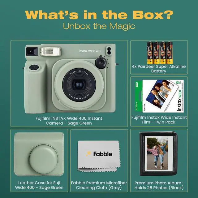 Alt view image 2 of 4 - instax Wide 400 Instant Film Camera Bundle with Instax Wide Film, Sage Green Leather Case, 28-Photo Album, Close-Up Lens, Shoulder Strap, Batteries, and Camera Accessories