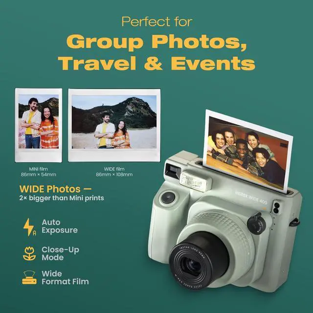 Alt view image 3 of 4 - instax Wide 400 Instant Film Camera Bundle with Instax Wide Film, Sage Green Leather Case, 28-Photo Album, Close-Up Lens, Shoulder Strap, Batteries, and Camera Accessories