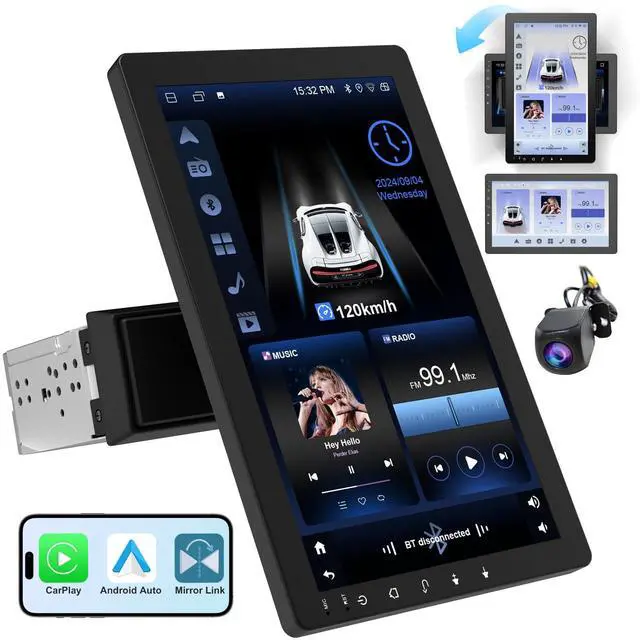 Main image of 10.1" Rotatable Touch Screen Car Stereo Single Din - Android 13, Wireless CarPlay/Android Auto, 4-Core CPU, 2GB+32GB, GPS Navigation, Hi-Fi Sound, Bluetooth 4.2, AHD Backup Camera (Vertical Fit)