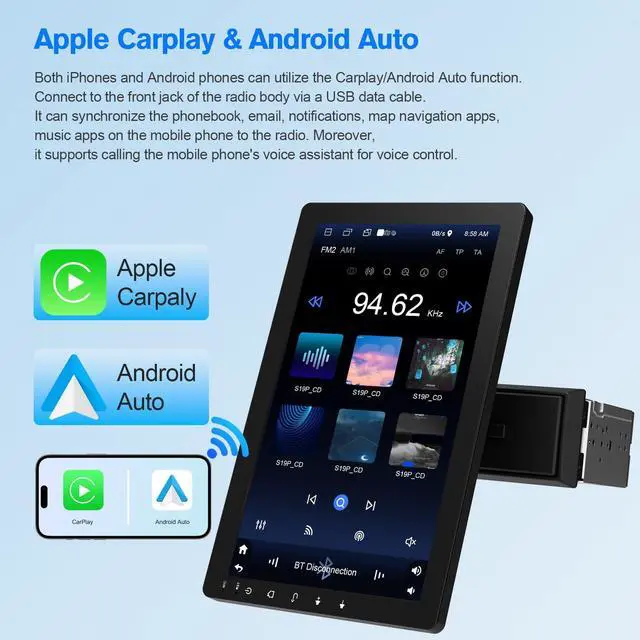 Alt view image 2 of 4 - 10.1" Rotatable Touch Screen Car Stereo Single Din - Android 13, Wireless CarPlay/Android Auto, 4-Core CPU, 2GB+32GB, GPS Navigation, Hi-Fi Sound, Bluetooth 4.2, AHD Backup Camera (Vertical Fit)