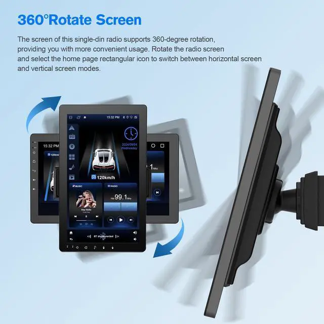 Alt view image 3 of 4 - 10.1" Rotatable Touch Screen Car Stereo Single Din - Android 13, Wireless CarPlay/Android Auto, 4-Core CPU, 2GB+32GB, GPS Navigation, Hi-Fi Sound, Bluetooth 4.2, AHD Backup Camera (Vertical Fit)