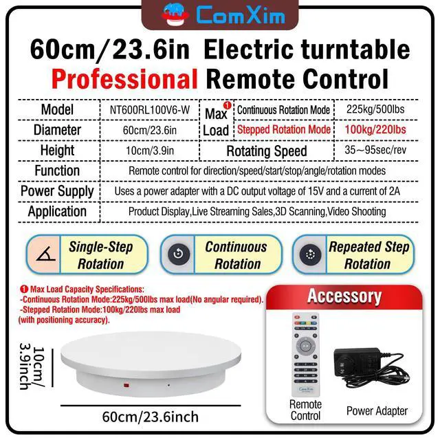 Alt view image 2 of 4 - 23.6In Remote Large Motorized electric turntable Rotating platform Photography Turntable Motorized lazy susan Base giratoria para for Photography,3D Scanner,Heavy duty display(Load Range:220~500lbs)