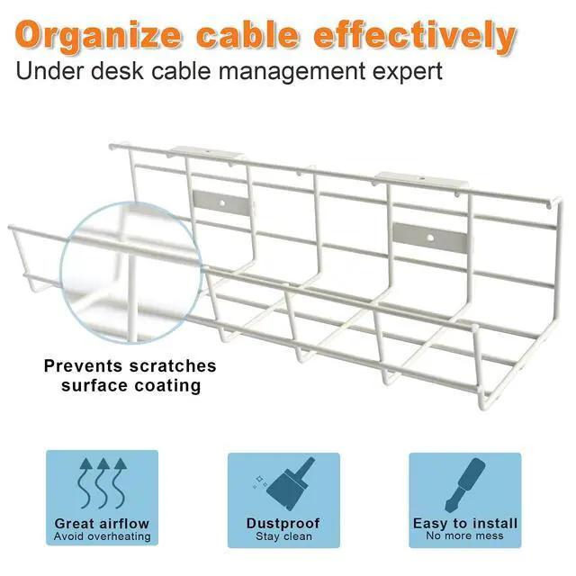Alt view image 3 of 4 - Under Desk Cable Management- 6 Pack Cord Organizer. Metal Wire Cable Management Tray for Office, Studio and Home. Super Sturdy Under Table Cable Managements - White Cable Organizer