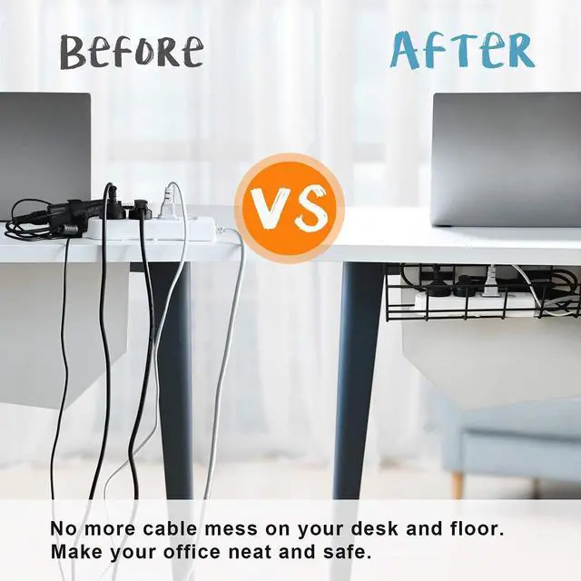 Alt view image 2 of 4 - Under Desk Cable Management- 6 Pack Cord Organizer. Metal Wire Cable Management Tray for Office, Studio and Home. Super Sturdy Under Table Cable Managements - Black Cable Organizer