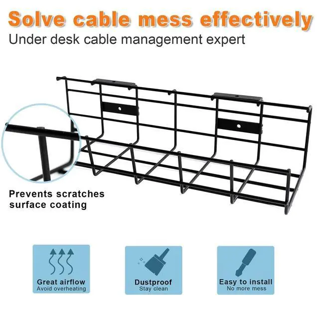 Alt view image 3 of 4 - Under Desk Cable Management- 6 Pack Cord Organizer. Metal Wire Cable Management Tray for Office, Studio and Home. Super Sturdy Under Table Cable Managements - Black Cable Organizer