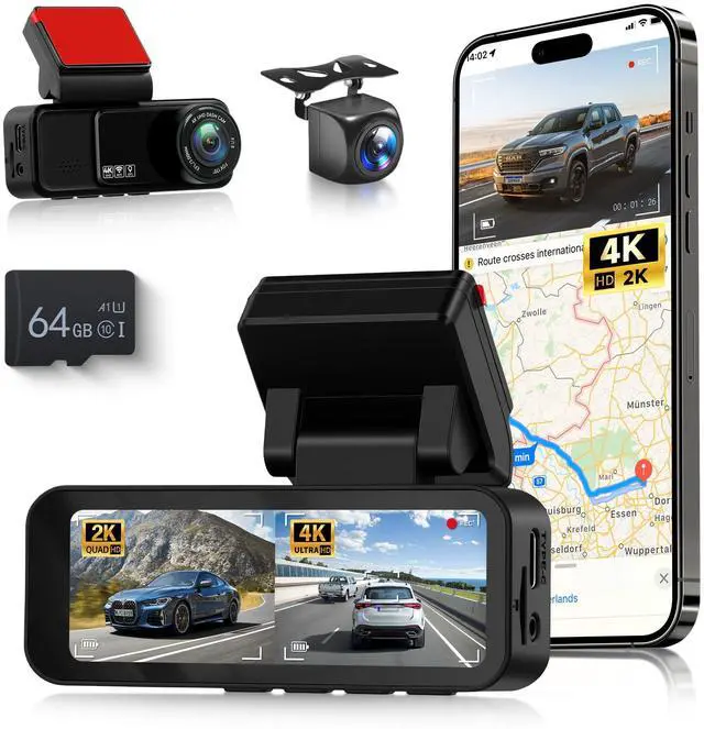 Main image of 2 Channel 4K Dash Cam Front and Rear, 3.16 Inch Dash Camera Support WiFi GPS Starlight Night Vision Sensitive Motion Detection 24/7 Recording Parking Mode Monitor Reversing Help ADAS BSD LCA