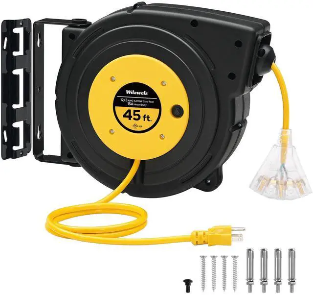 Main image of Retractable Extension Cord Reel, 45 FT Heavy Duty Power Cord, 12AWG/3C SJTOW, 3 Grounded Outlets Lighted Triple Tap for Ceiling/Wall Mount, 15 Amp Circuit Breaker, UL Listed, Yellow Y45CR06