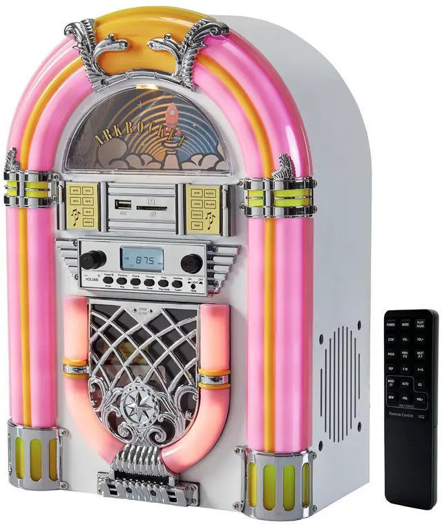 Main image of Athena Mini Jukebox/Tabletop CD Player/Bluetooth Speaker/Radio/USB and SD Card Player with Retro LED Lighting System (Pink White)