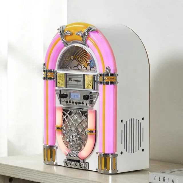 Alt view image 2 of 4 - Athena Mini Jukebox/Tabletop CD Player/Bluetooth Speaker/Radio/USB and SD Card Player with Retro LED Lighting System (Pink White)
