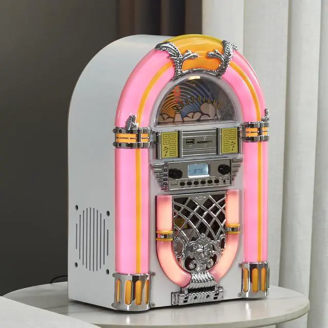 Alt view image 3 of 4 - Athena Mini Jukebox/Tabletop CD Player/Bluetooth Speaker/Radio/USB and SD Card Player with Retro LED Lighting System (Pink White)