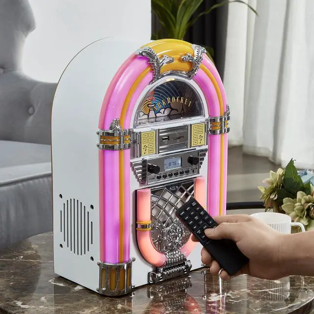 Alt view image 4 of 4 - Athena Mini Jukebox/Tabletop CD Player/Bluetooth Speaker/Radio/USB and SD Card Player with Retro LED Lighting System (Pink White)