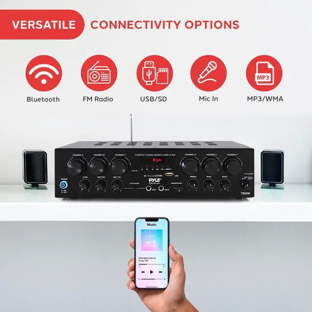 Alt view image 4 of 4 - Wireless Bluetooth Karaoke Amplifier - 6 Channel 750W Power, Stereo Receiver Home Audio Amplifier w/USB,AUX, Subwoofer Out, Headphone, 2 Mic Input w/Echo, Talk-Over For PA