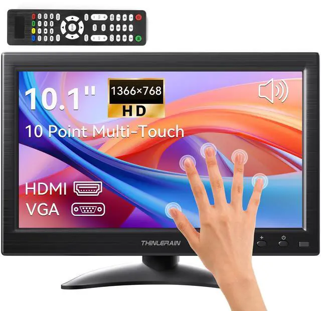 Main image of 10.1 Inch Touchscreen Monitor, 10-Points Touch 1366x768 Computer Monitor with HDMI VGA AV BNC USB Ports, VESA, Remote Control, Small Touch Display Extender, Built-in Speakers
