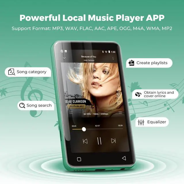 Alt view image 3 of 4 - 80GB MP3 Player with Bluetooth and WiFi, MP3 Player for Kids with Spotify, Spotify Kids, Pandora, Audible, 4.0" Touch Screen Music Player with Parental Controls, Up to 1TB Green