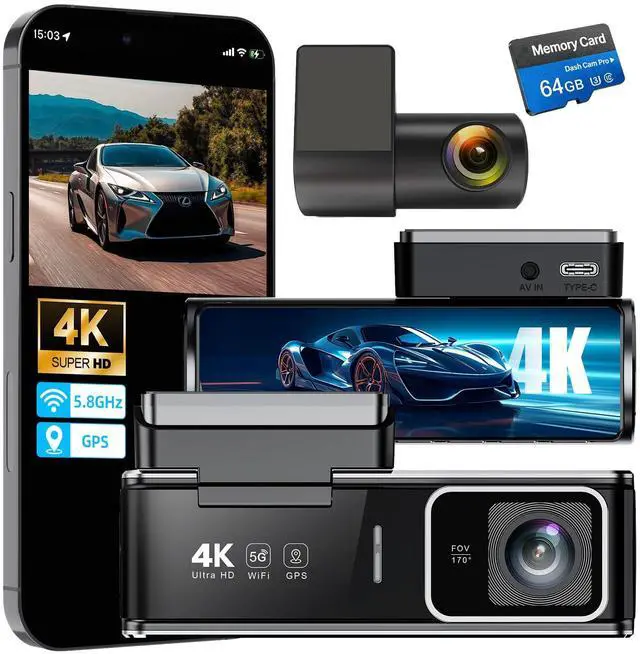 Main image of 4K Dash Cam Front and Rear,Dual Dash Camera for Cars with 5.8GHz WiFi GPS,Night Vision,Mini Dash Cam with 3.59" IPS Screen,24H Parking Mode,G-Sensor,Loop Recording,64GB SD Card Included