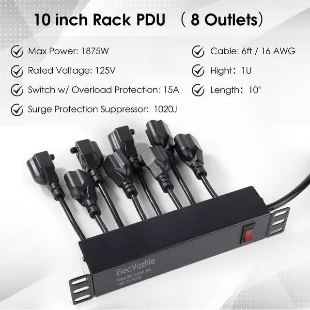 Alt view image 2 of 4 - 10 inch Rack PDU, 8 Rear Outlets, 1020J Surge Protection &15A Overload Switch, 1U Rackmount, Rack PDU Power Strip for 10-inch Mini Server Network Cabinets/Rack/Self, 6ft Cable