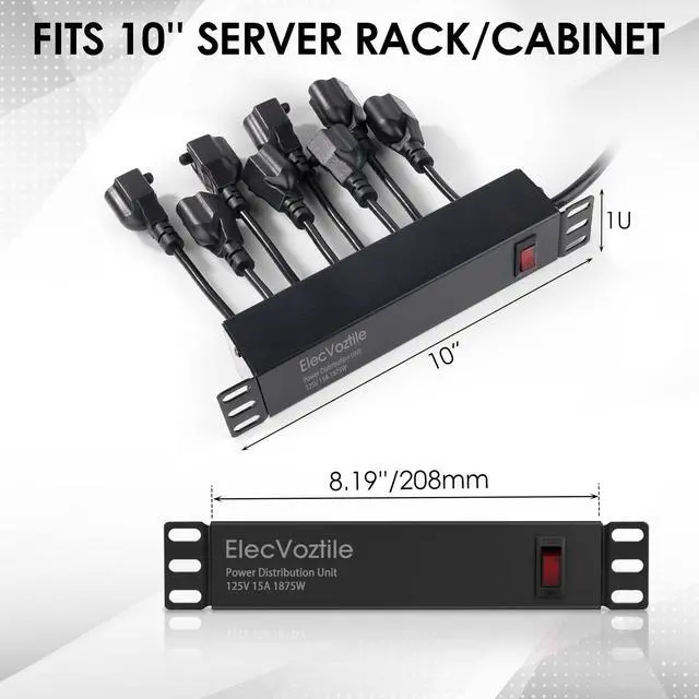Alt view image 4 of 4 - 10 inch Rack PDU, 8 Rear Outlets, 1020J Surge Protection &15A Overload Switch, 1U Rackmount, Rack PDU Power Strip for 10-inch Mini Server Network Cabinets/Rack/Self, 6ft Cable