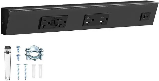 Main image of 16 in Under Cabinet Hardwired Power Strip with GFCI, Angled Outlet Design, 2500W Rating, 20A GFCI + 20A TR Outlet with USB-A & USB-C, Modular No-Cut Extension System, Black, ETL Listed