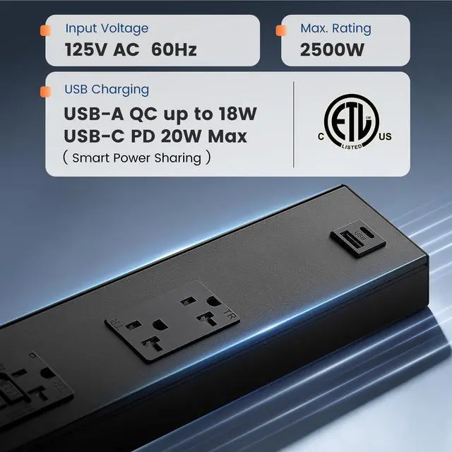 Alt view image 2 of 4 - 16 in Under Cabinet Hardwired Power Strip with GFCI, Angled Outlet Design, 2500W Rating, 20A GFCI + 20A TR Outlet with USB-A & USB-C, Modular No-Cut Extension System, Black, ETL Listed