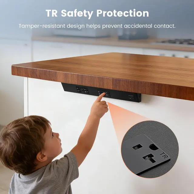 Alt view image 4 of 4 - 16 in Under Cabinet Hardwired Power Strip with GFCI, Angled Outlet Design, 2500W Rating, 20A GFCI + 20A TR Outlet with USB-A & USB-C, Modular No-Cut Extension System, Black, ETL Listed