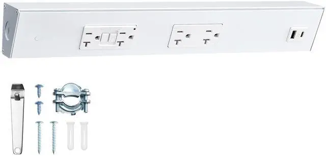 Main image of 16 in Under Cabinet Hardwired Power Strip with GFCI Outlet, Angled Outlet Design, 2500W Rating, 20A GFCI + 20A TR Outlet with USB-A & USB-C, Modular No-Cut Extension System, ETL Listed
