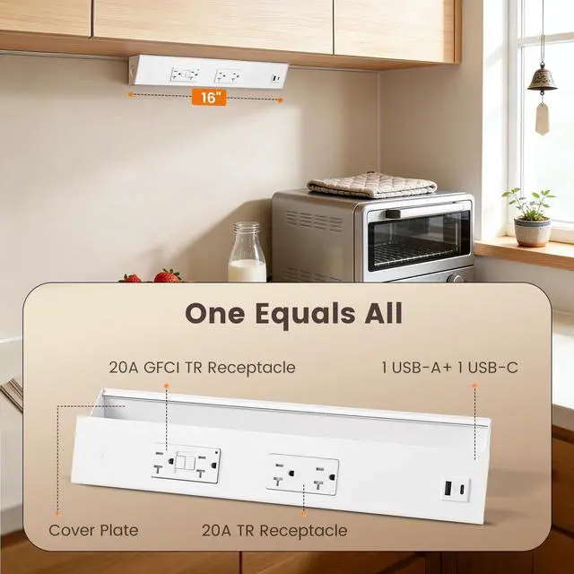 Alt view image 3 of 4 - 16 in Under Cabinet Hardwired Power Strip with GFCI Outlet, Angled Outlet Design, 2500W Rating, 20A GFCI + 20A TR Outlet with USB-A & USB-C, Modular No-Cut Extension System, ETL Listed