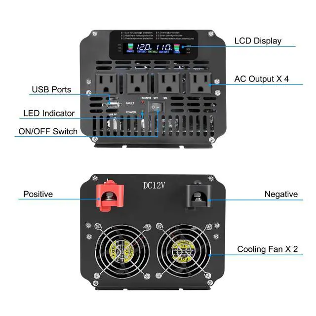 Alt view image 2 of 4 - 3000 Watt Power Inverter 12V to 110V 120V DC to AC with 4 AC Outlets, LCD Display, USB Port & Remote Control for Home, RV, Vehicle, Truck, Off-Grid Solar System, Heavy Duty Outdoor Camping