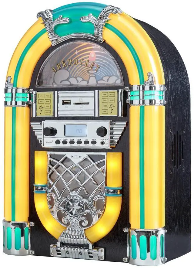 Main image of Athena Mini Jukebox/Tabletop CD Player/Bluetooth Speaker/Radio/USB and SD Card Player with Retro LED Lighting System (Yellow Green)